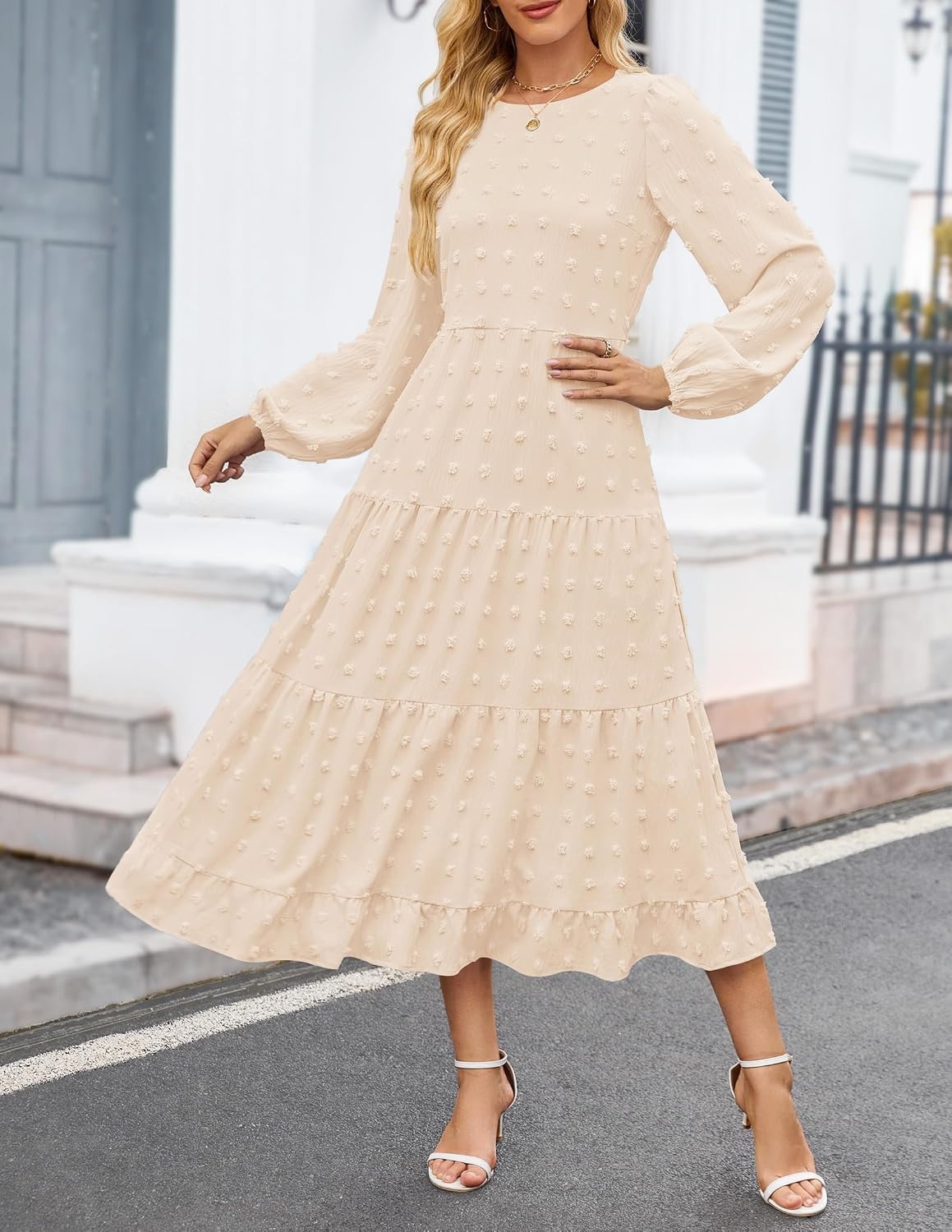 image:imageZESICA Womens Long Sleeve Swiss Dot Maxi Wedding Guest Dresses Flowy A Line Boho Long Dress Elegant Cocktail Party Holiday Church Dresses Bridal Shower Going Out Clothes 2026Beige