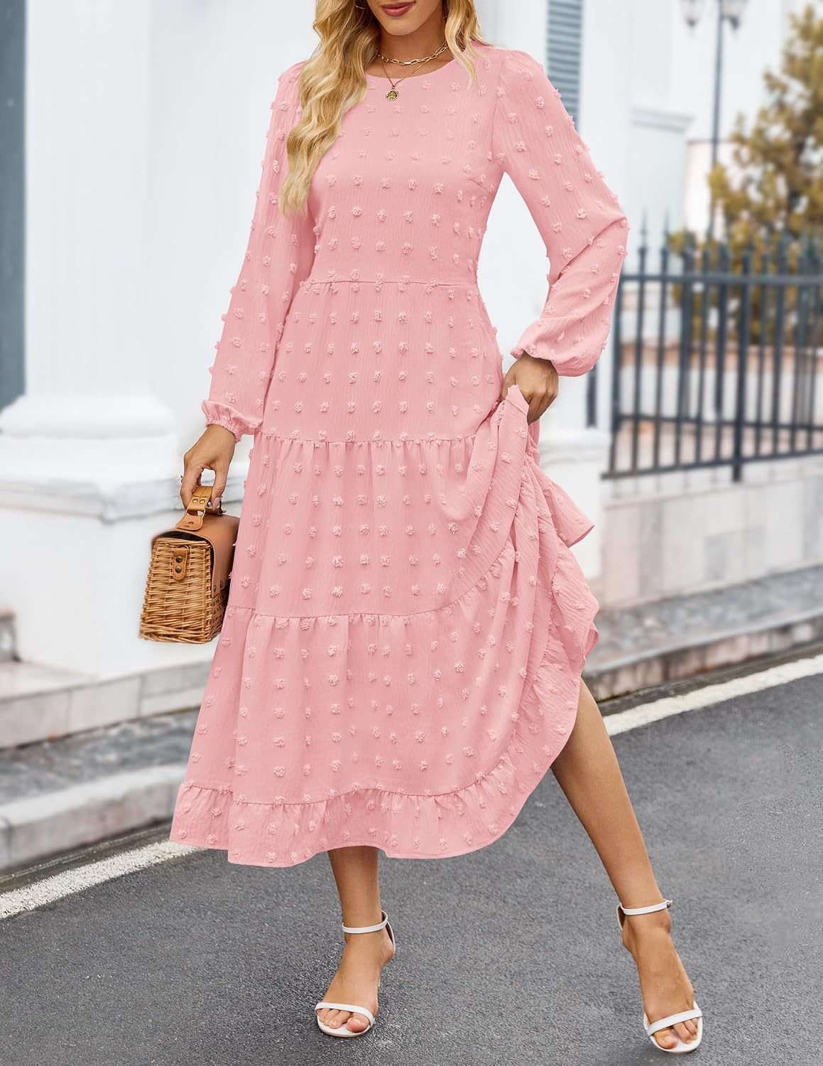 image:imageZESICA Womens Long Sleeve Swiss Dot Maxi Wedding Guest Dresses Flowy A Line Boho Long Dress Elegant Cocktail Party Holiday Church Dresses Bridal Shower Going Out Clothes 2026Pink