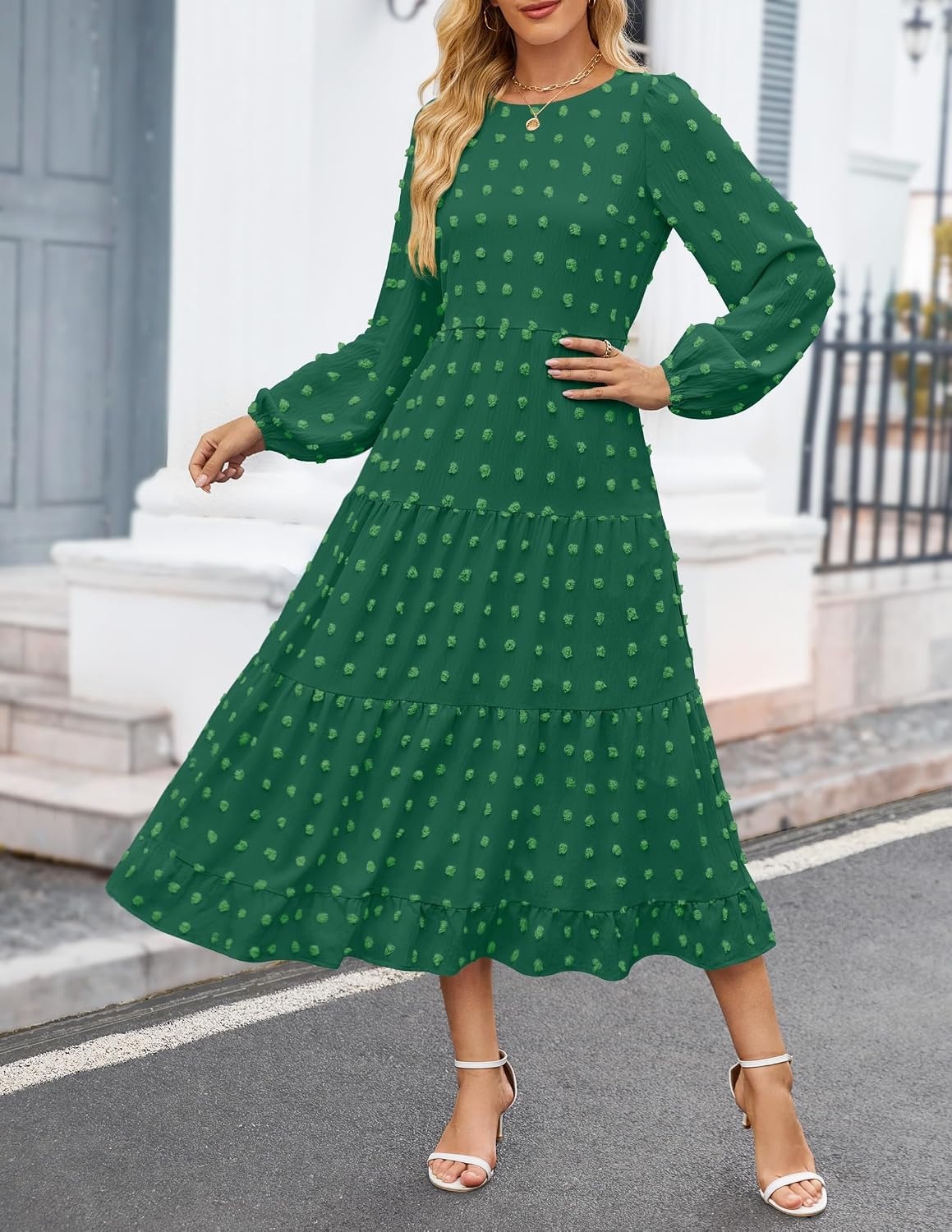 image:imageZESICA Womens Long Sleeve Swiss Dot Maxi Wedding Guest Dresses Flowy A Line Boho Long Dress Elegant Cocktail Party Holiday Church Dresses Bridal Shower Going Out Clothes 2026Green