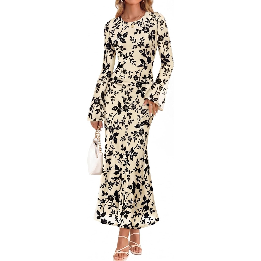 image:imageZESICA Womens Long Sleeve Floral Bodycon Dress 2026 Spring Fall Ruched Mesh Wedding Guest Cocktail Party Maxi DressesFloral Apricot