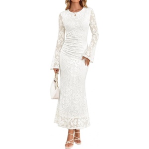ZESICA Women’s Long Sleeve Floral Bodycon Dress 2026 Spring Fall Ruched Mesh Wedding Guest Cocktail Party Maxi Dresses(White)