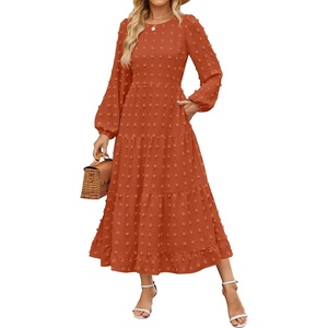 ZESICA Women’s Long Sleeve Swiss Dot Maxi Wedding Guest Dresses | Flowy A Line Boho Long Dress, Elegant Cocktail Party Holiday Church Dresses, Bridal Shower Going Out Clothes 2026(Brick Red)