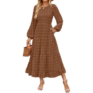 ZESICA Women’s Long Sleeve Swiss Dot Maxi Wedding Guest Dresses | Flowy A Line Boho Long Dress, Elegant Cocktail Party Holiday Church Dresses, Bridal Shower Going Out Clothes 2026(Brown)