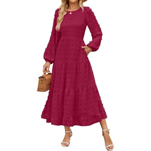 ZESICA Women’s Long Sleeve Swiss Dot Maxi Wedding Guest Dresses | Flowy A Line Boho Long Dress, Elegant Cocktail Party Holiday Church Dresses, Bridal Shower Going Out Clothes 2026(Wine Red)