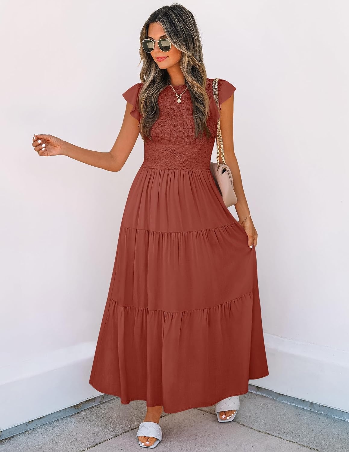 image:imageZESICA Womens 2026 Summer Casual Flutter Short Sleeve Smocked Midi Dress Crew Neck Elastic Waist Tiered Boho Flowy Dresses Soft Lightweight Fabric Beach Brunch Date PartyRust