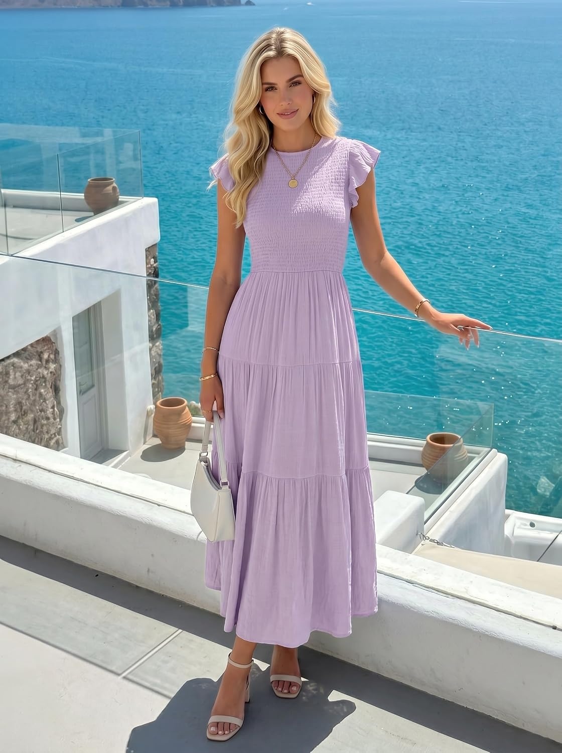 image:imageZESICA Womens 2026 Summer Casual Flutter Short Sleeve Smocked Midi Dress Crew Neck Elastic Waist Tiered Boho Flowy Dresses Soft Lightweight Fabric Beach Brunch Date PartyLight Purple