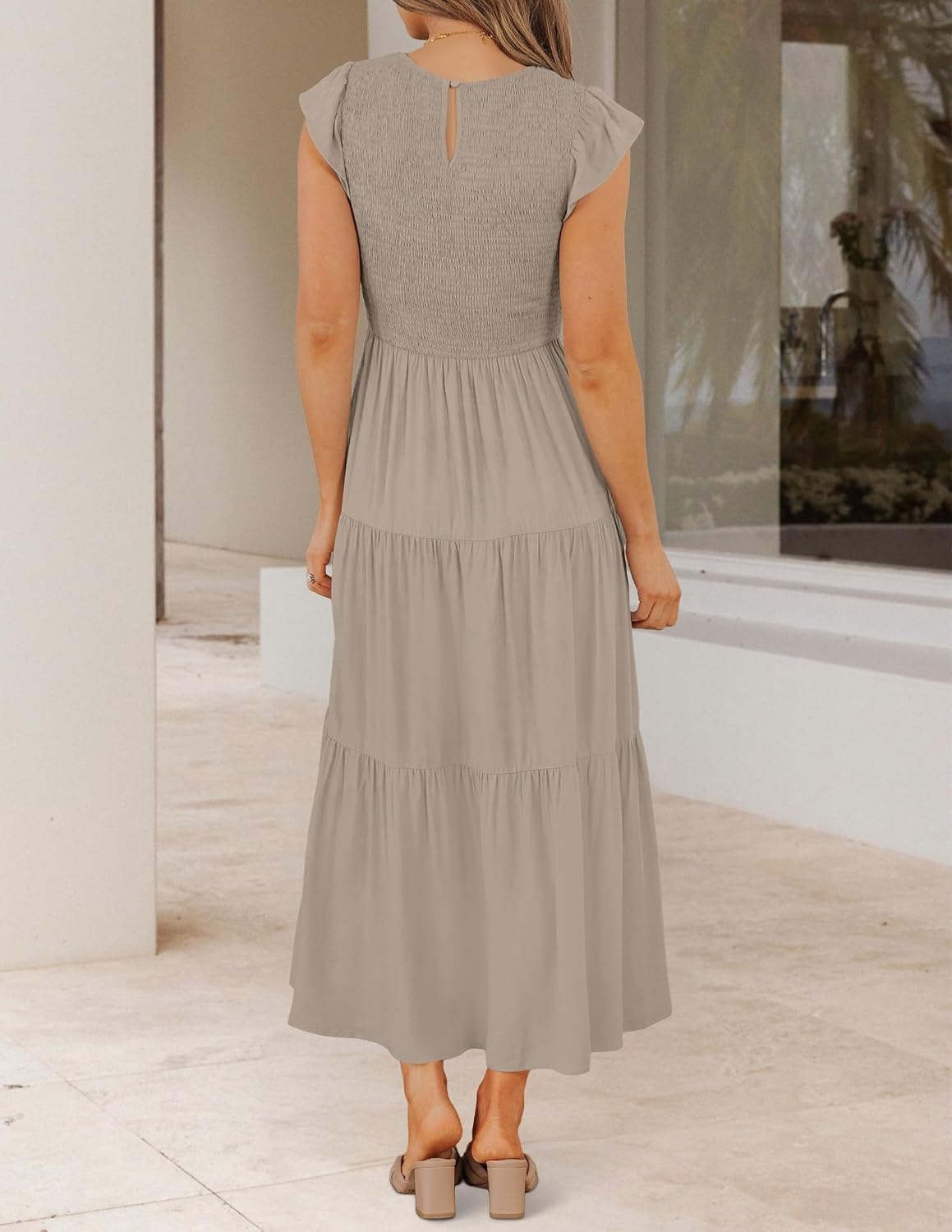 image:imageZESICA Womens 2026 Summer Casual Flutter Short Sleeve Smocked Midi Dress Crew Neck Elastic Waist Tiered Boho Flowy Dresses Soft Lightweight Fabric Beach Brunch Date PartyLight Khaki