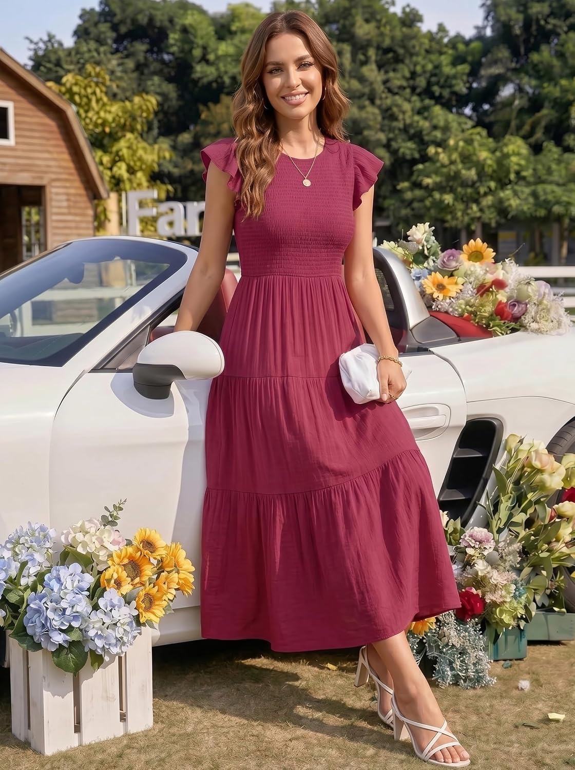 image:imageZESICA Womens 2026 Summer Casual Flutter Short Sleeve Smocked Midi Dress Crew Neck Elastic Waist Tiered Boho Flowy Dresses Soft Lightweight Fabric Beach Brunch Date PartyPlum