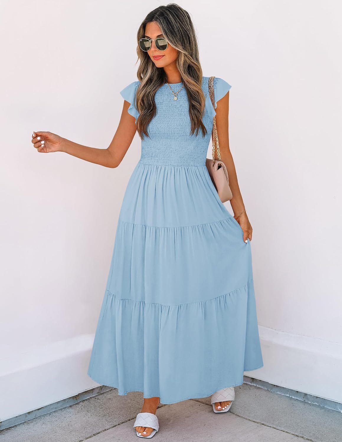 image:imageZESICA Womens 2026 Summer Casual Flutter Short Sleeve Smocked Midi Dress Crew Neck Elastic Waist Tiered Boho Flowy Dresses Soft Lightweight Fabric Beach Brunch Date PartyBlue