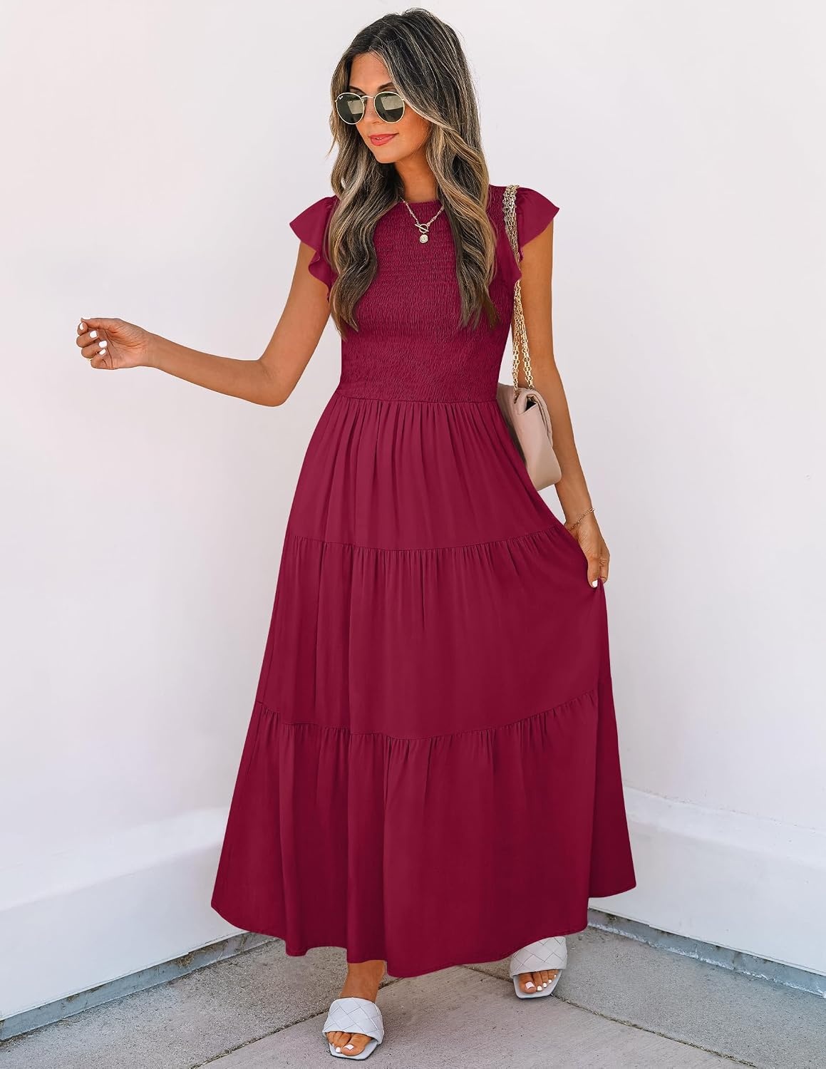 image:imageZESICA Womens 2026 Summer Casual Flutter Short Sleeve Smocked Midi Dress Crew Neck Elastic Waist Tiered Boho Flowy Dresses Soft Lightweight Fabric Beach Brunch Date PartyPlum