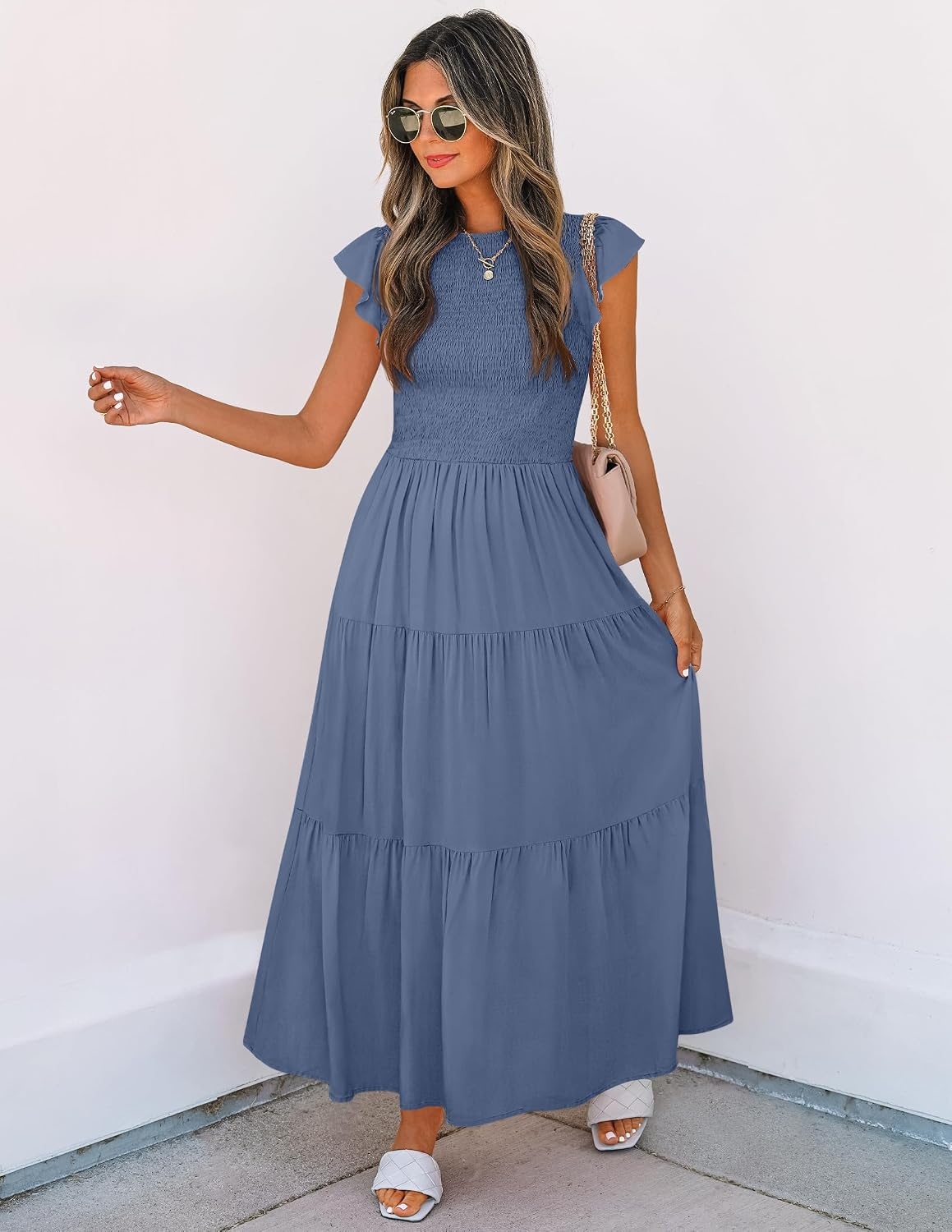 image:imageZESICA Womens 2026 Summer Casual Flutter Short Sleeve Smocked Midi Dress Crew Neck Elastic Waist Tiered Boho Flowy Dresses Soft Lightweight Fabric Beach Brunch Date PartyDusty Blue