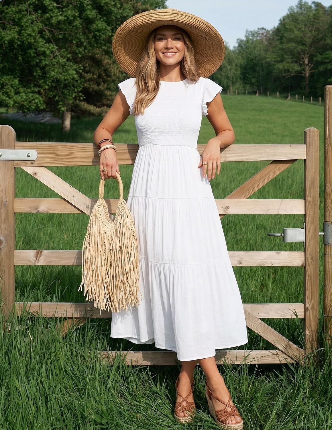 image:imageZESICA Womens 2026 Summer Casual Flutter Short Sleeve Smocked Midi Dress Crew Neck Elastic Waist Tiered Boho Flowy Dresses Soft Lightweight Fabric Beach Brunch Date PartyWhite