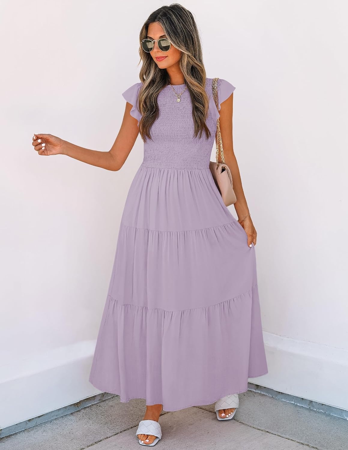 image:imageZESICA Womens 2026 Summer Casual Flutter Short Sleeve Smocked Midi Dress Crew Neck Elastic Waist Tiered Boho Flowy Dresses Soft Lightweight Fabric Beach Brunch Date PartyLight Purple