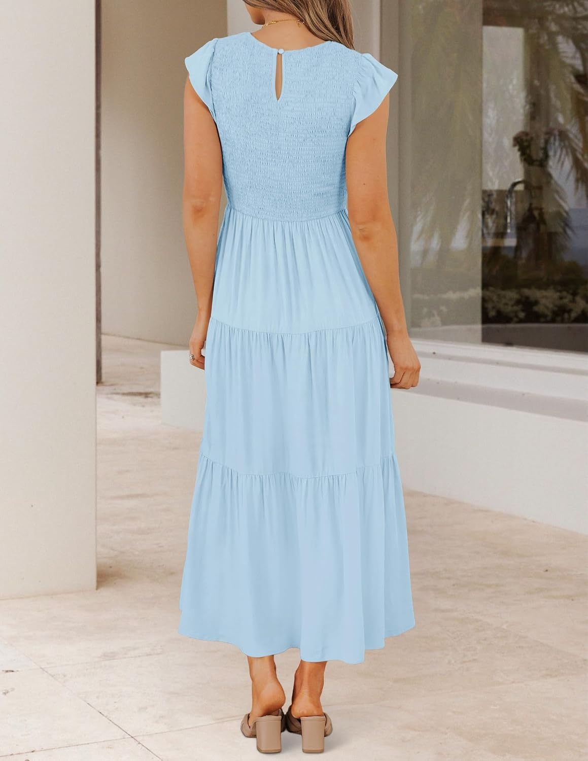 image:imageZESICA Womens 2026 Summer Casual Flutter Short Sleeve Smocked Midi Dress Crew Neck Elastic Waist Tiered Boho Flowy Dresses Soft Lightweight Fabric Beach Brunch Date PartyBlue