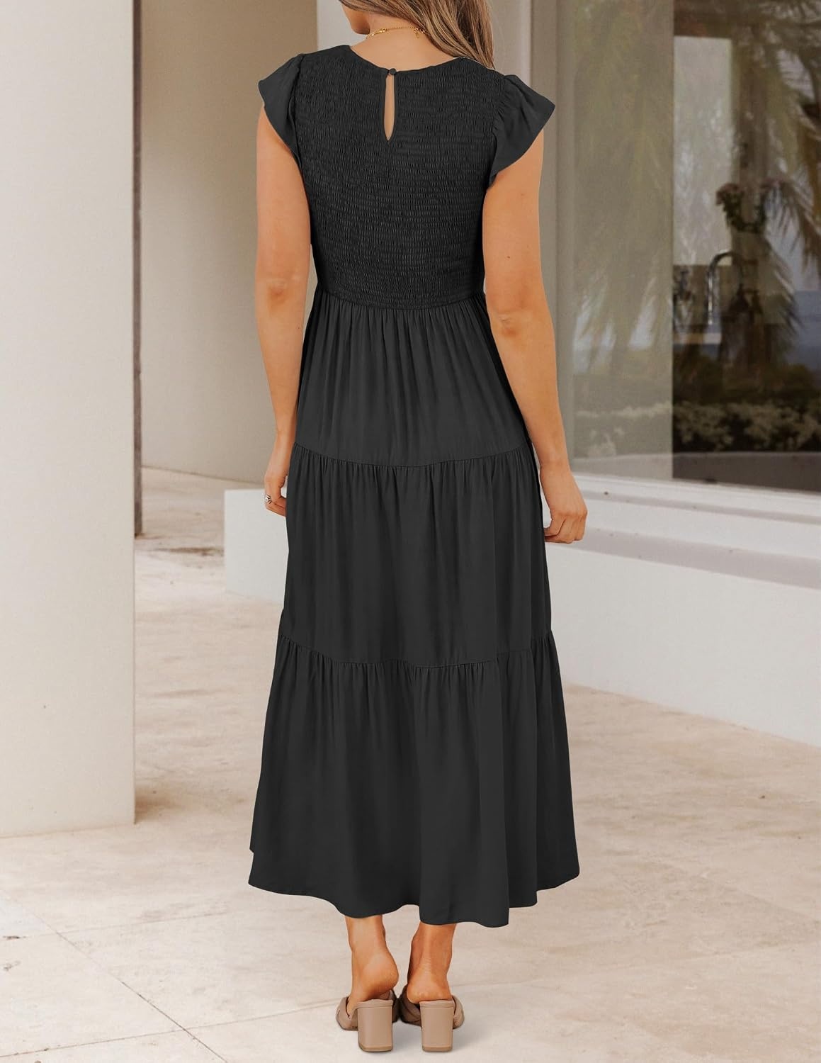 image:imageZESICA Womens 2026 Summer Casual Flutter Short Sleeve Smocked Midi Dress Crew Neck Elastic Waist Tiered Boho Flowy Dresses Soft Lightweight Fabric Beach Brunch Date PartyBlack