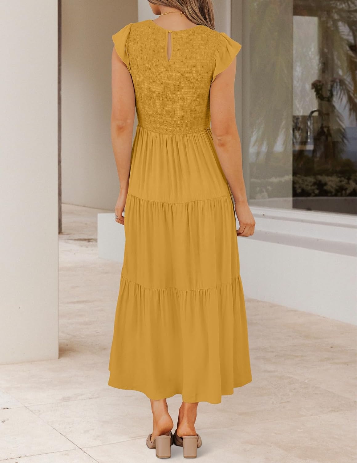 image:imageZESICA Womens 2026 Summer Casual Flutter Short Sleeve Smocked Midi Dress Crew Neck Elastic Waist Tiered Boho Flowy Dresses Soft Lightweight Fabric Beach Brunch Date PartyGinger
