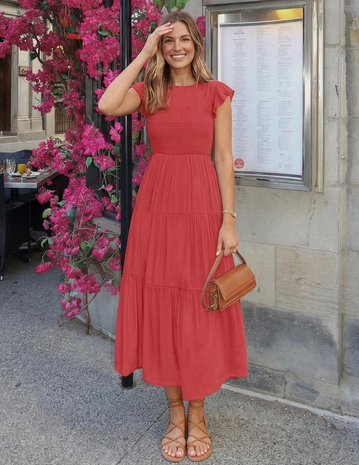 image:imageZESICA Womens 2026 Summer Casual Flutter Short Sleeve Smocked Midi Dress Crew Neck Elastic Waist Tiered Boho Flowy Dresses Soft Lightweight Fabric Beach Brunch Date PartyWatermelonred