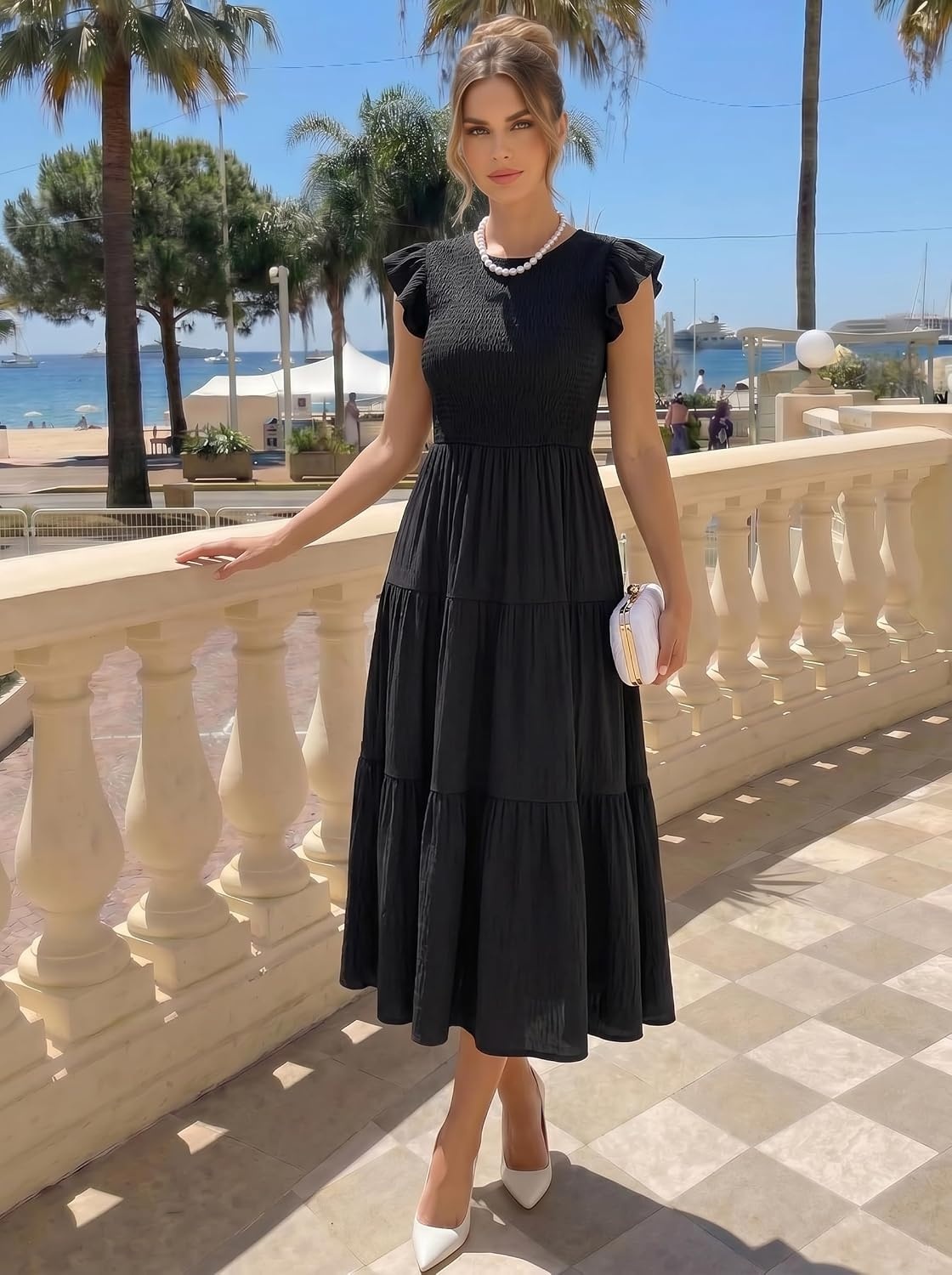 image:imageZESICA Womens 2026 Summer Casual Flutter Short Sleeve Smocked Midi Dress Crew Neck Elastic Waist Tiered Boho Flowy Dresses Soft Lightweight Fabric Beach Brunch Date PartyBlack