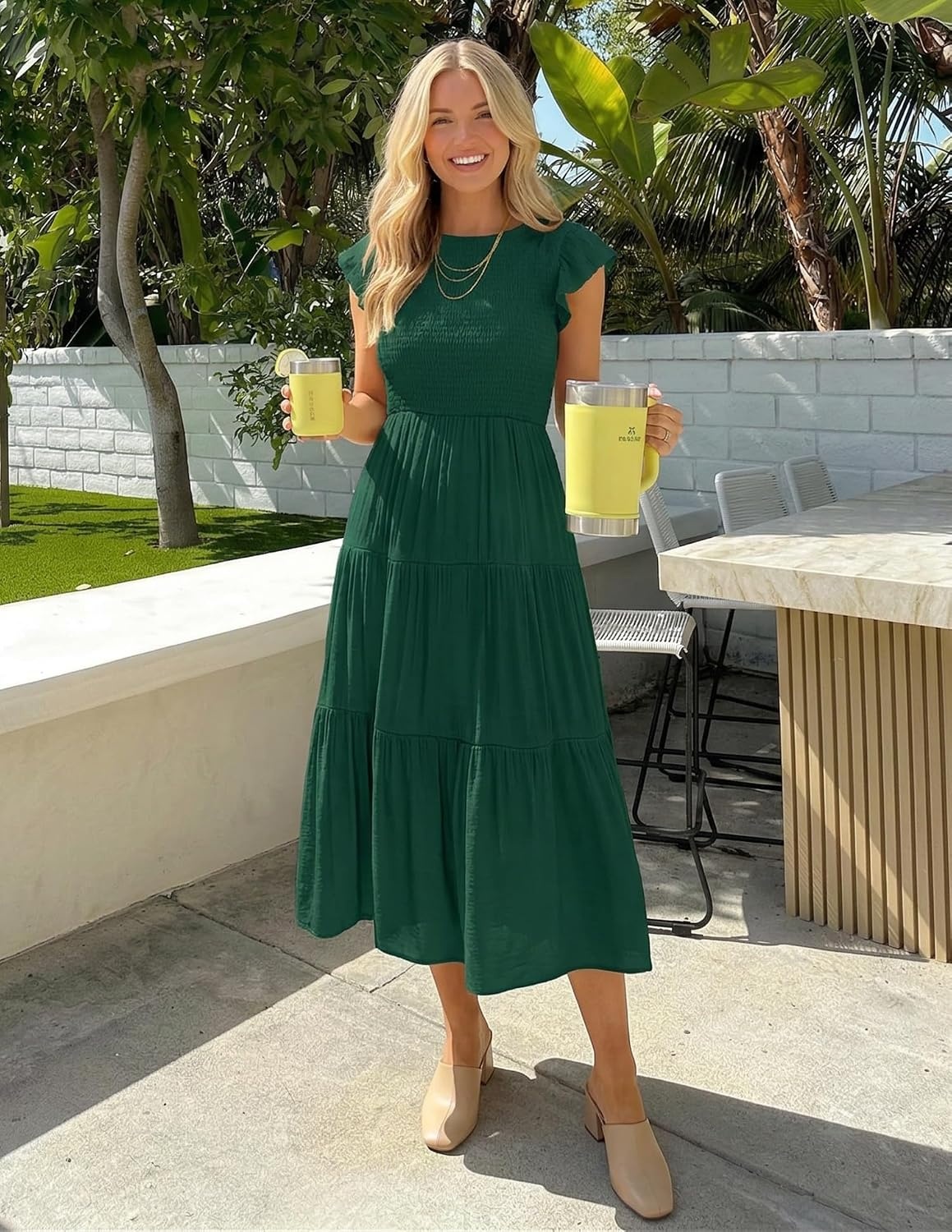 image:imageZESICA Womens 2026 Summer Casual Flutter Short Sleeve Smocked Midi Dress Crew Neck Elastic Waist Tiered Boho Flowy Dresses Soft Lightweight Fabric Beach Brunch Date PartyDark Green