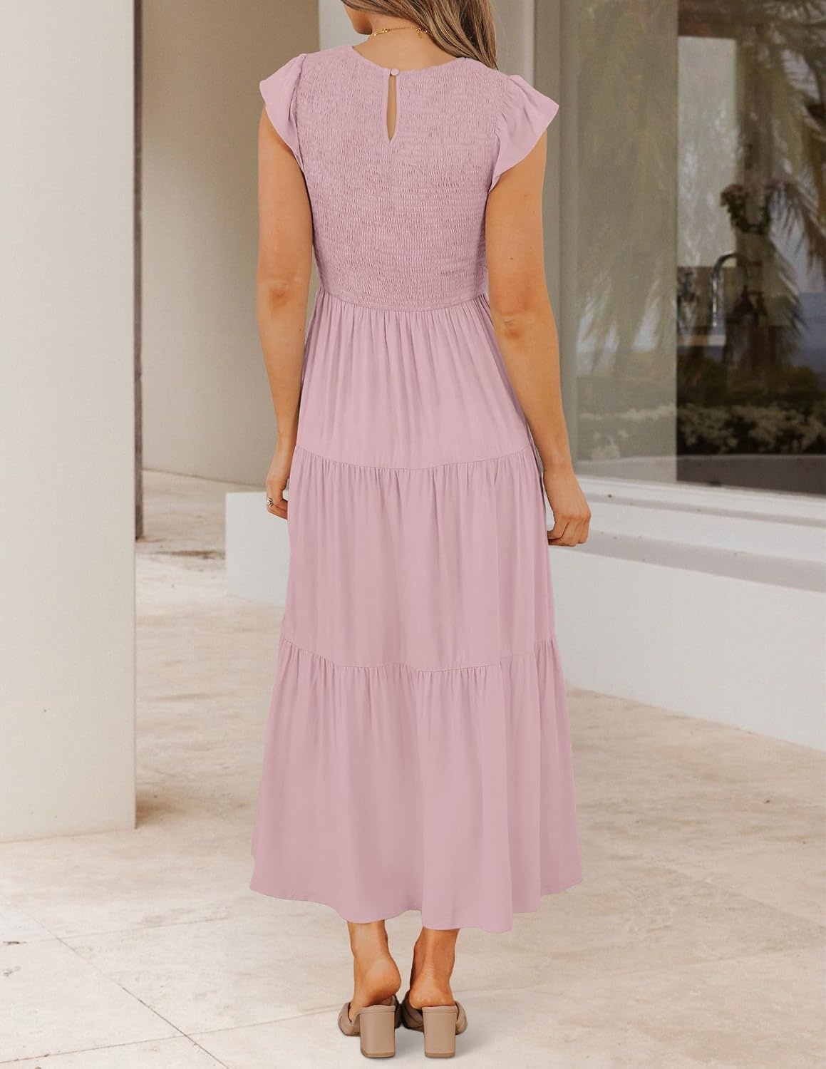image:imageZESICA Womens 2026 Summer Casual Flutter Short Sleeve Smocked Midi Dress Crew Neck Elastic Waist Tiered Boho Flowy Dresses Soft Lightweight Fabric Beach Brunch Date PartyDark Pink