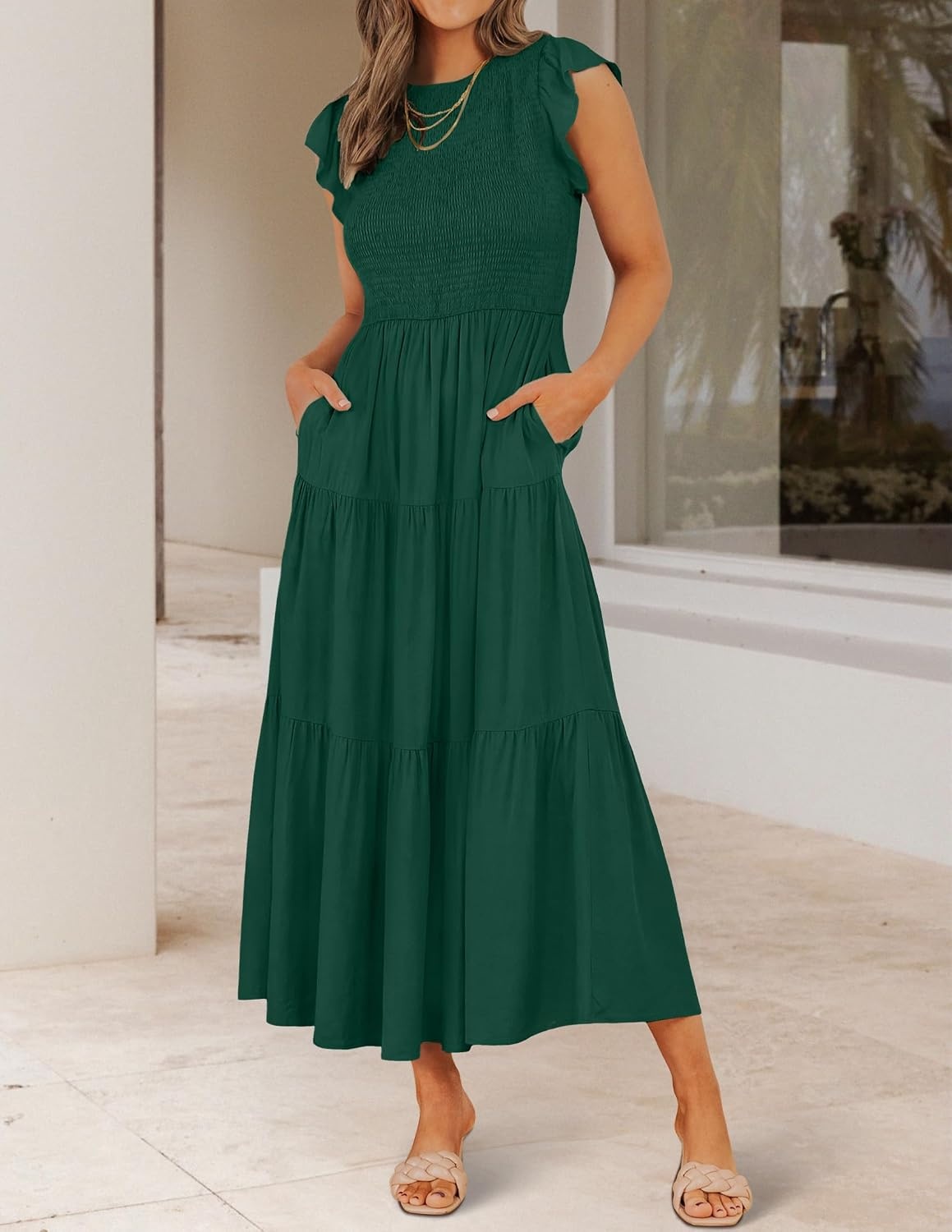 image:imageZESICA Womens 2026 Summer Casual Flutter Short Sleeve Smocked Midi Dress Crew Neck Elastic Waist Tiered Boho Flowy Dresses Soft Lightweight Fabric Beach Brunch Date PartyDark Green