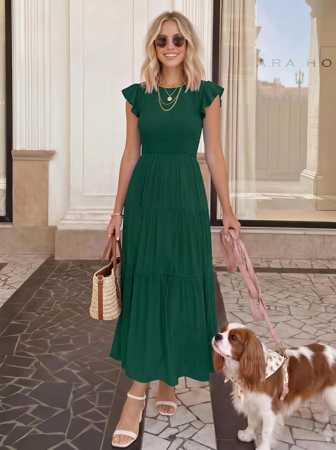 image:imageZESICA Womens 2026 Summer Casual Flutter Short Sleeve Smocked Midi Dress Crew Neck Elastic Waist Tiered Boho Flowy Dresses Soft Lightweight Fabric Beach Brunch Date PartyDark Green