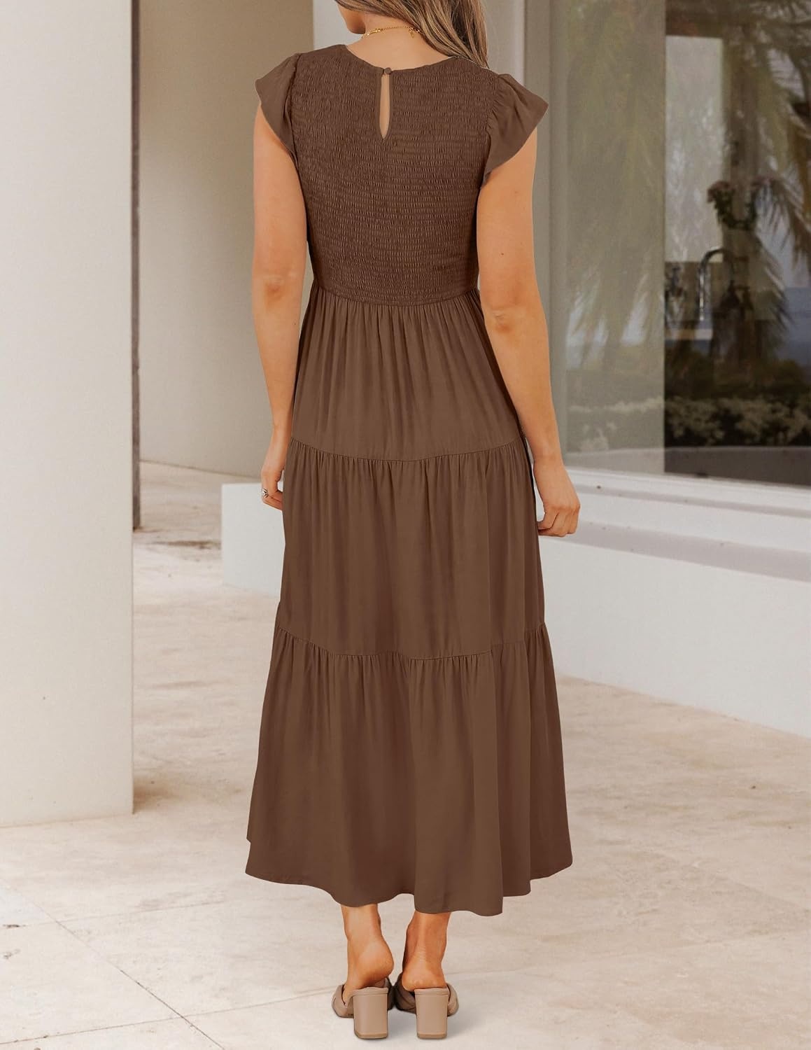 image:imageZESICA Womens 2026 Summer Casual Flutter Short Sleeve Smocked Midi Dress Crew Neck Elastic Waist Tiered Boho Flowy Dresses Soft Lightweight Fabric Beach Brunch Date PartyCoffee