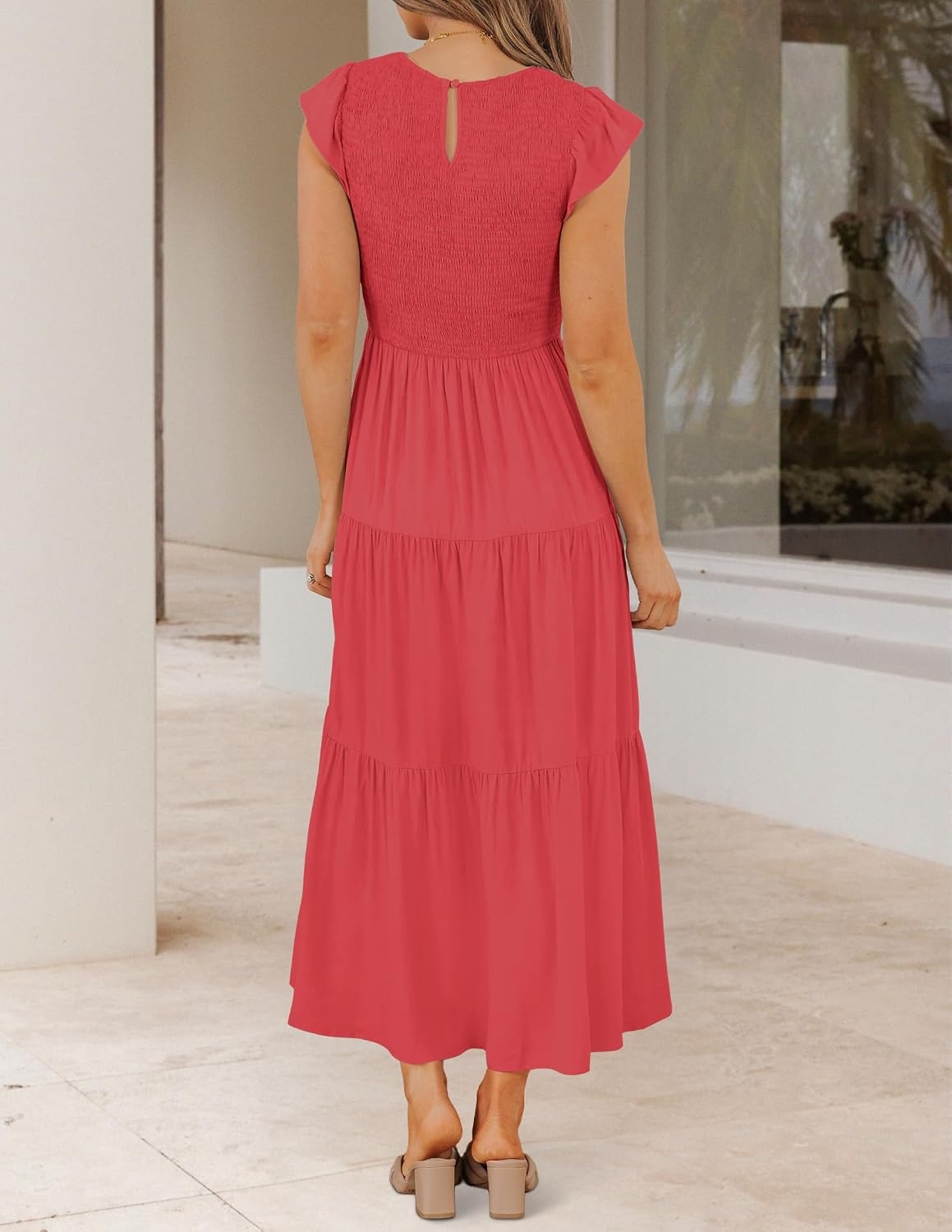 image:imageZESICA Womens 2026 Summer Casual Flutter Short Sleeve Smocked Midi Dress Crew Neck Elastic Waist Tiered Boho Flowy Dresses Soft Lightweight Fabric Beach Brunch Date PartyWatermelonred