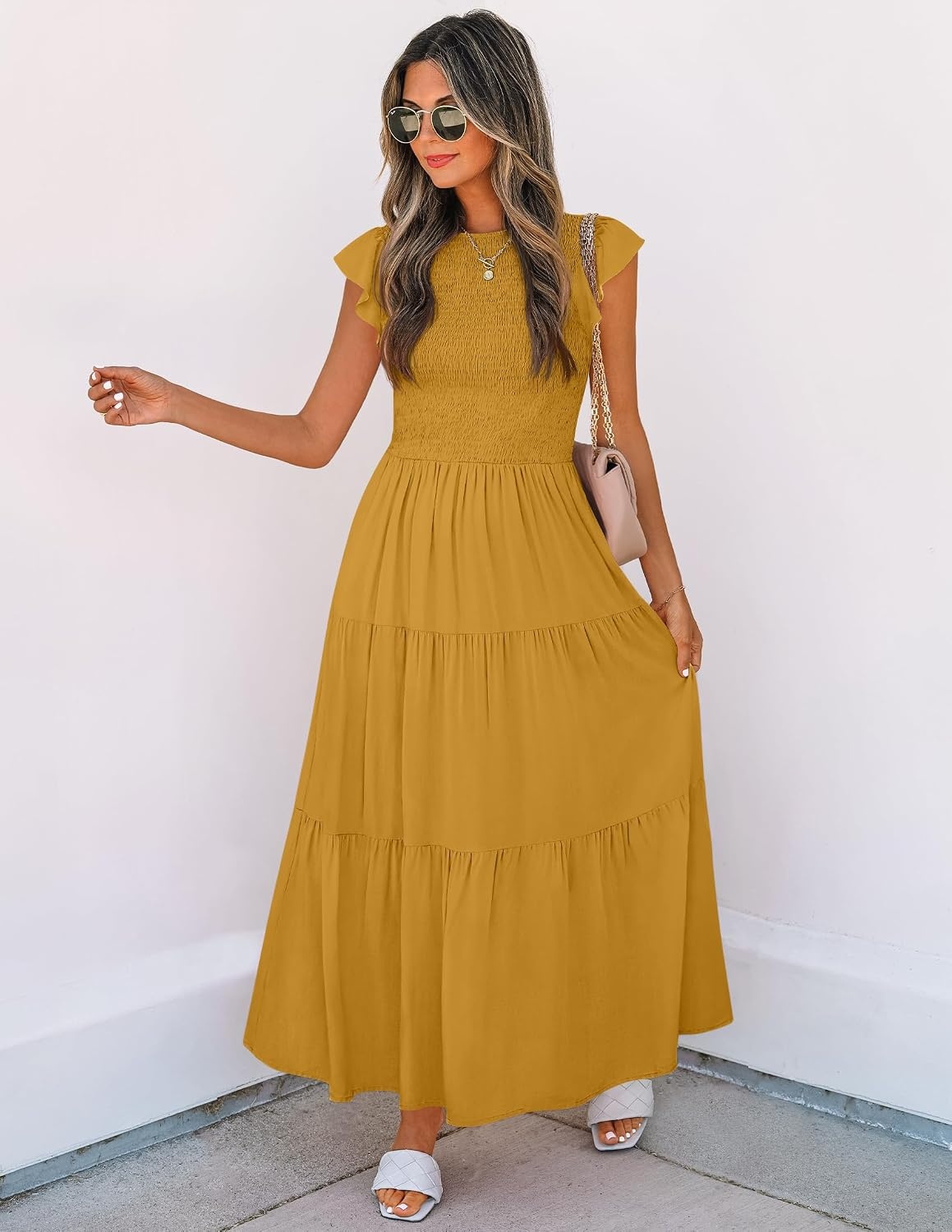 image:imageZESICA Womens 2026 Summer Casual Flutter Short Sleeve Smocked Midi Dress Crew Neck Elastic Waist Tiered Boho Flowy Dresses Soft Lightweight Fabric Beach Brunch Date PartyGinger