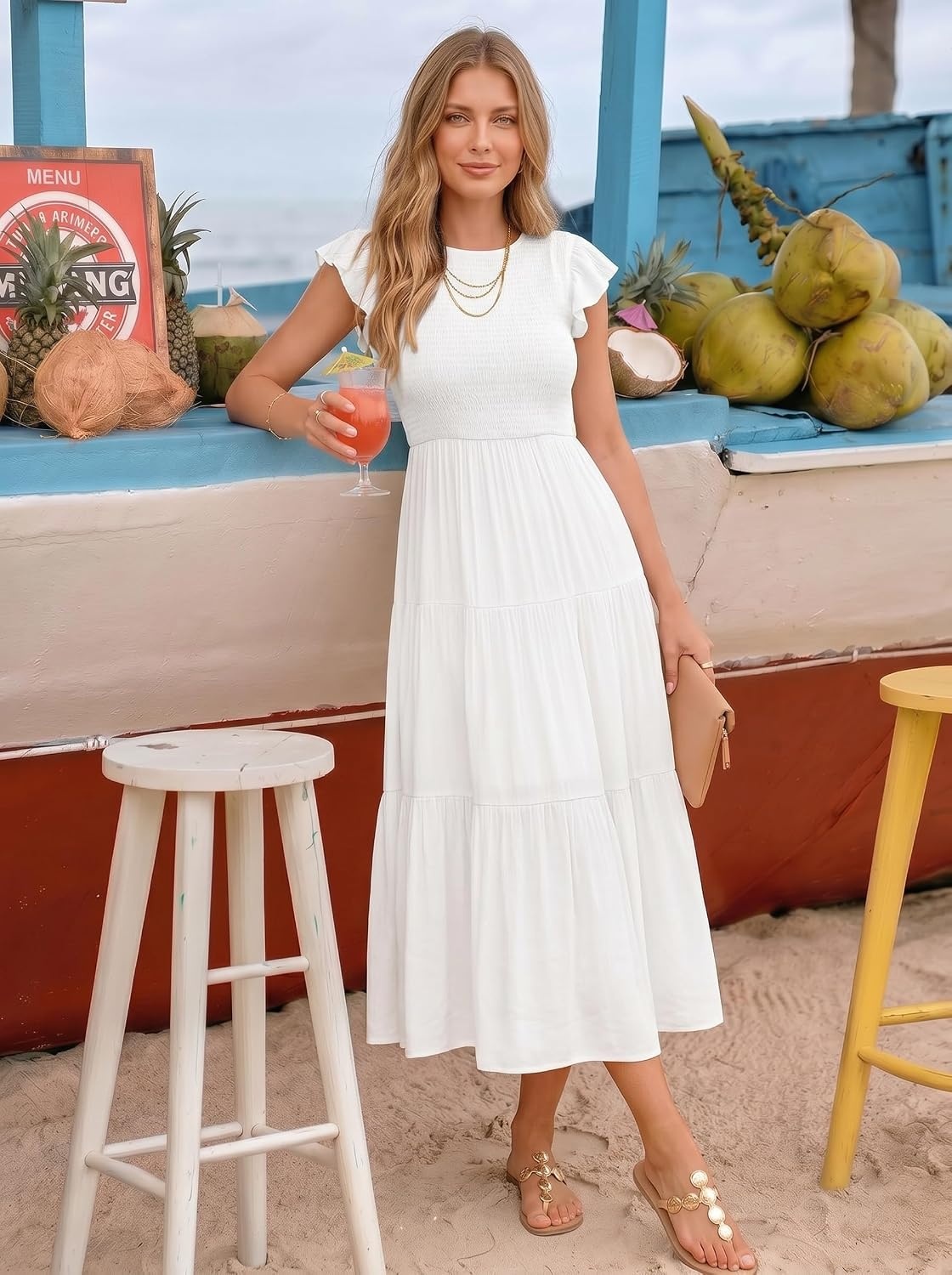 image:imageZESICA Womens 2026 Summer Casual Flutter Short Sleeve Smocked Midi Dress Crew Neck Elastic Waist Tiered Boho Flowy Dresses Soft Lightweight Fabric Beach Brunch Date PartyWhite