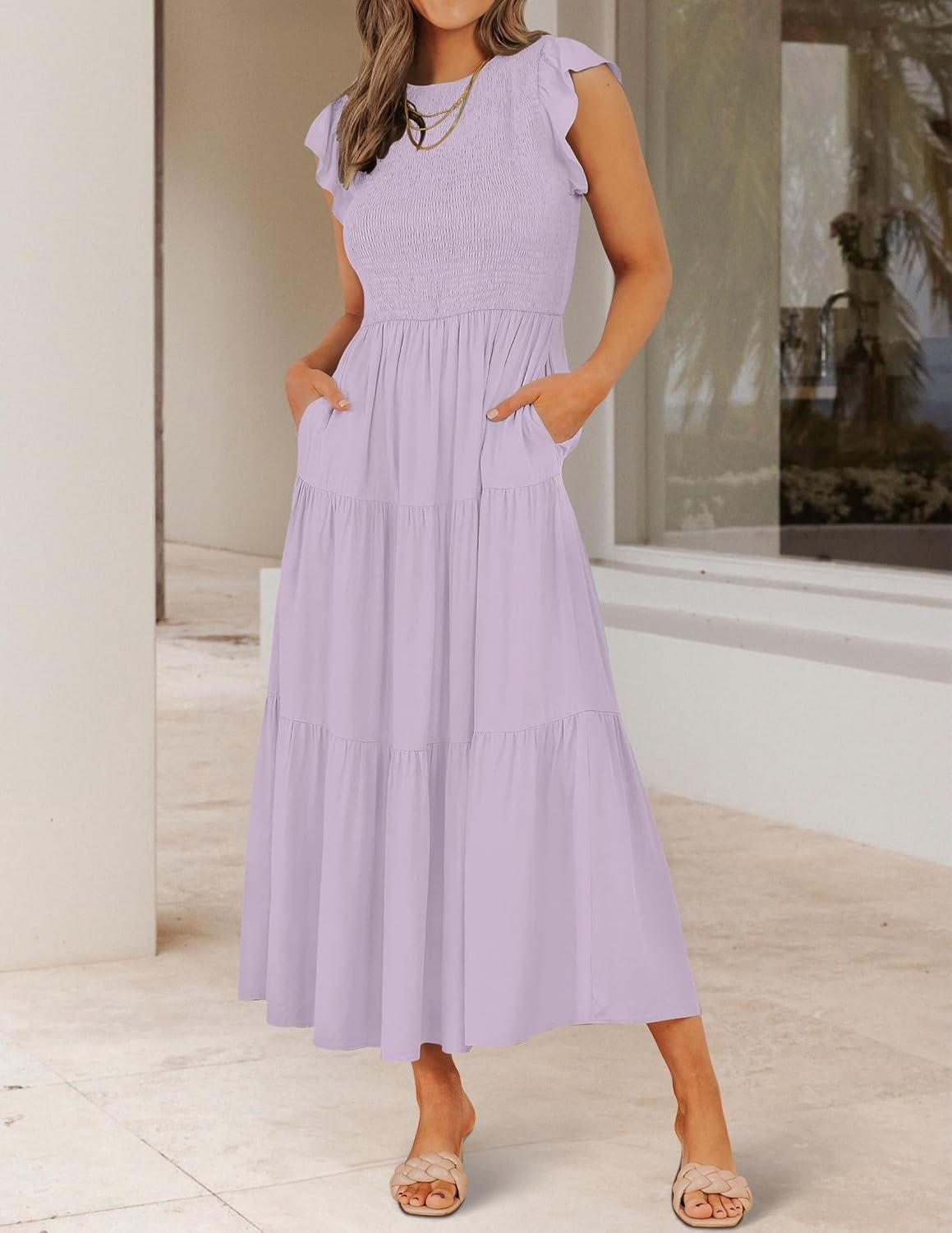 image:imageZESICA Womens 2026 Summer Casual Flutter Short Sleeve Smocked Midi Dress Crew Neck Elastic Waist Tiered Boho Flowy Dresses Soft Lightweight Fabric Beach Brunch Date PartyLight Purple