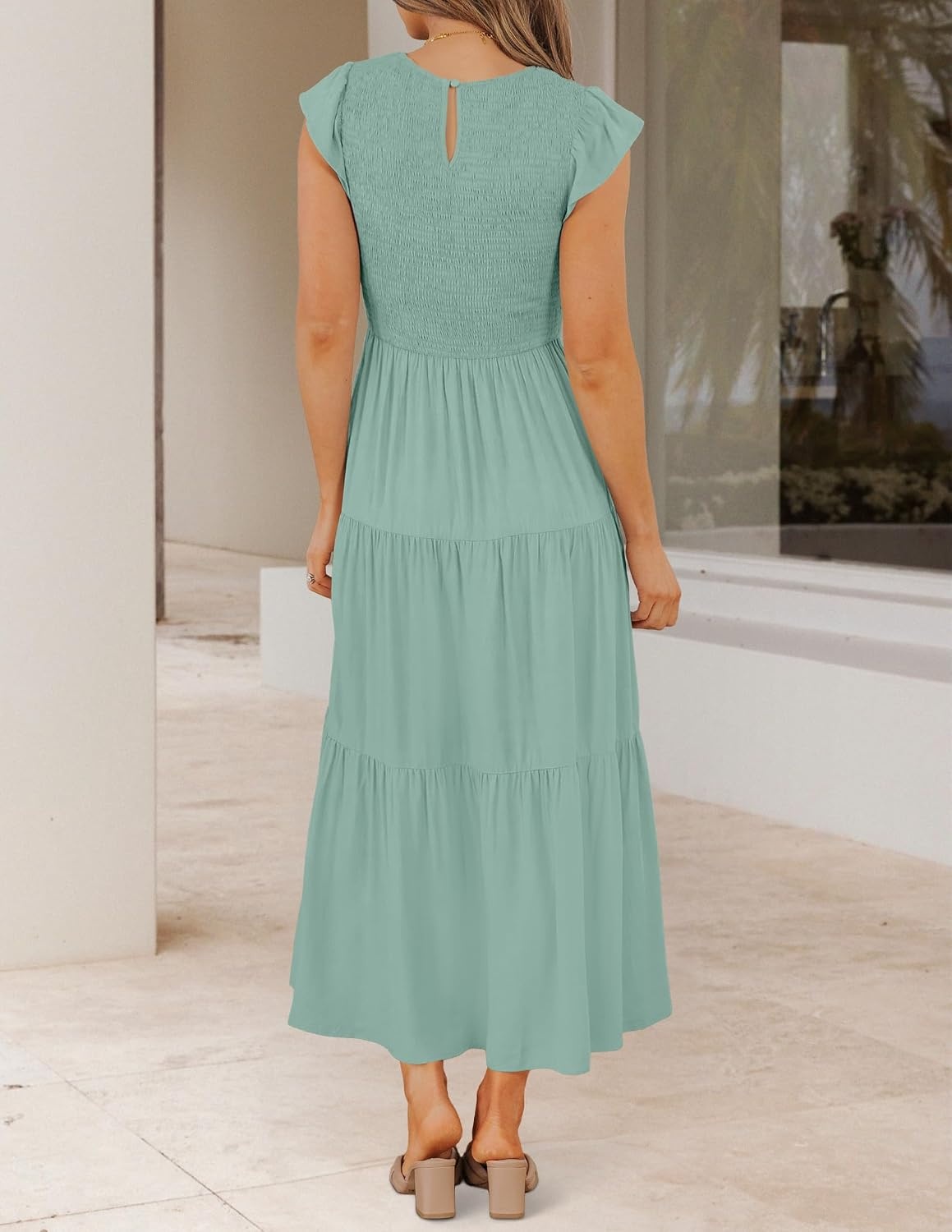 image:imageZESICA Womens 2026 Summer Casual Flutter Short Sleeve Smocked Midi Dress Crew Neck Elastic Waist Tiered Boho Flowy Dresses Soft Lightweight Fabric Beach Brunch Date PartySage