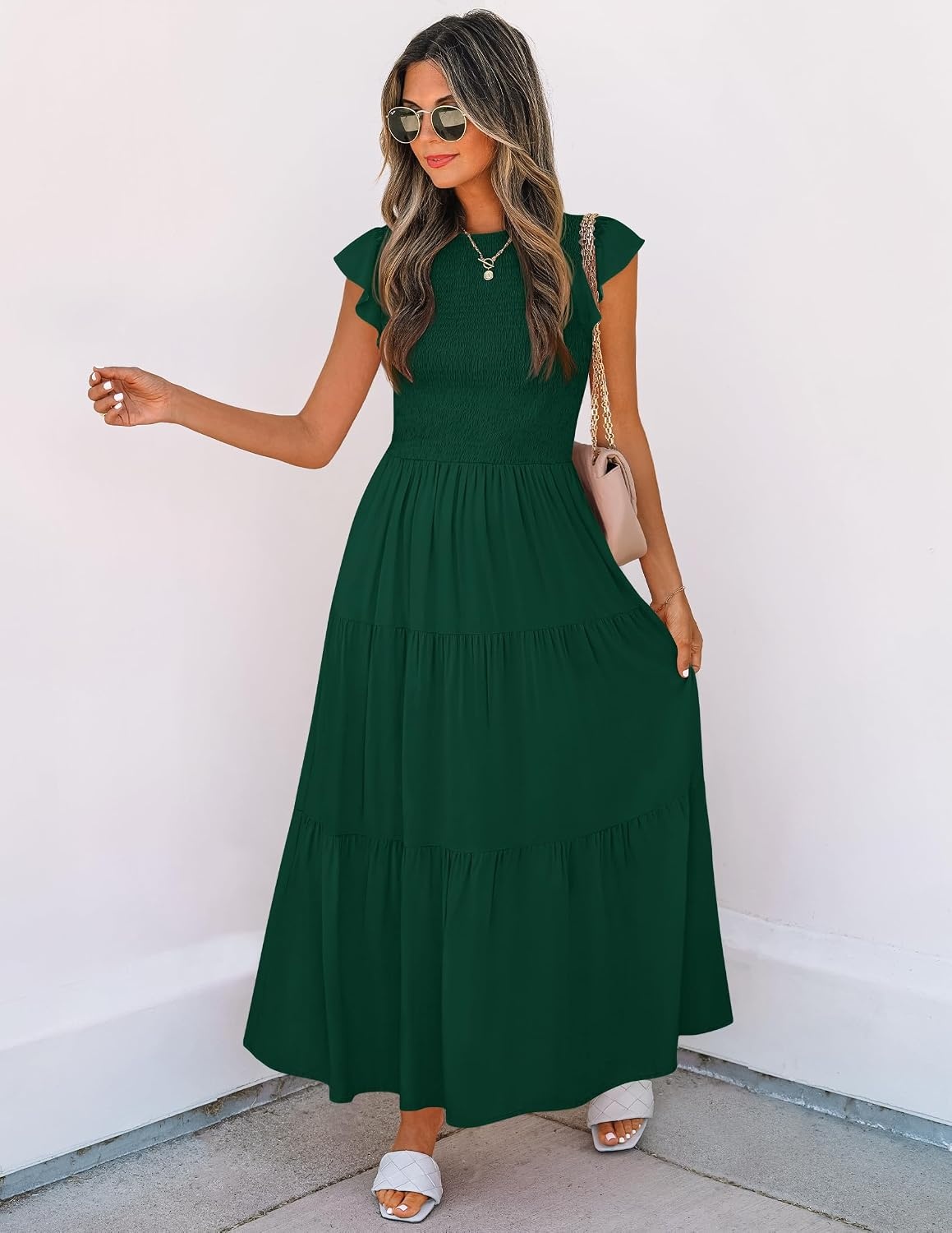 image:imageZESICA Womens 2026 Summer Casual Flutter Short Sleeve Smocked Midi Dress Crew Neck Elastic Waist Tiered Boho Flowy Dresses Soft Lightweight Fabric Beach Brunch Date PartyDark Green