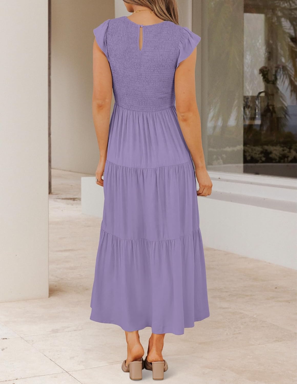 image:imageZESICA Womens 2026 Summer Casual Flutter Short Sleeve Smocked Midi Dress Crew Neck Elastic Waist Tiered Boho Flowy Dresses Soft Lightweight Fabric Beach Brunch Date PartyViolet