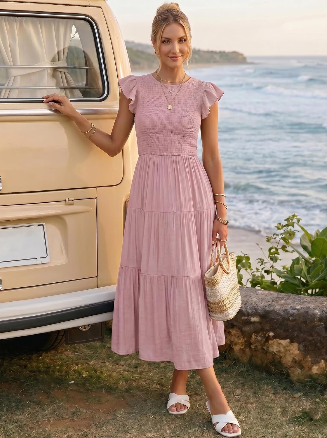 image:imageZESICA Womens 2026 Summer Casual Flutter Short Sleeve Smocked Midi Dress Crew Neck Elastic Waist Tiered Boho Flowy Dresses Soft Lightweight Fabric Beach Brunch Date PartyDark Pink
