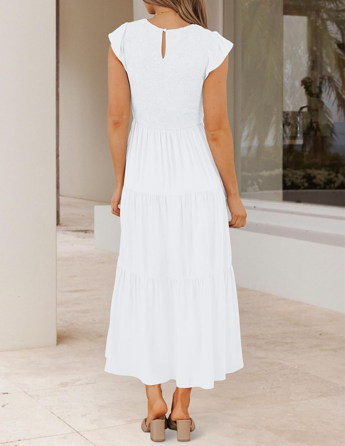 image:imageZESICA Womens 2026 Summer Casual Flutter Short Sleeve Smocked Midi Dress Crew Neck Elastic Waist Tiered Boho Flowy Dresses Soft Lightweight Fabric Beach Brunch Date PartyWhite