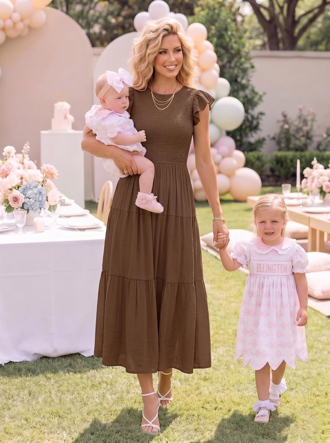 image:imageZESICA Womens 2026 Summer Casual Flutter Short Sleeve Smocked Midi Dress Crew Neck Elastic Waist Tiered Boho Flowy Dresses Soft Lightweight Fabric Beach Brunch Date PartyCoffee