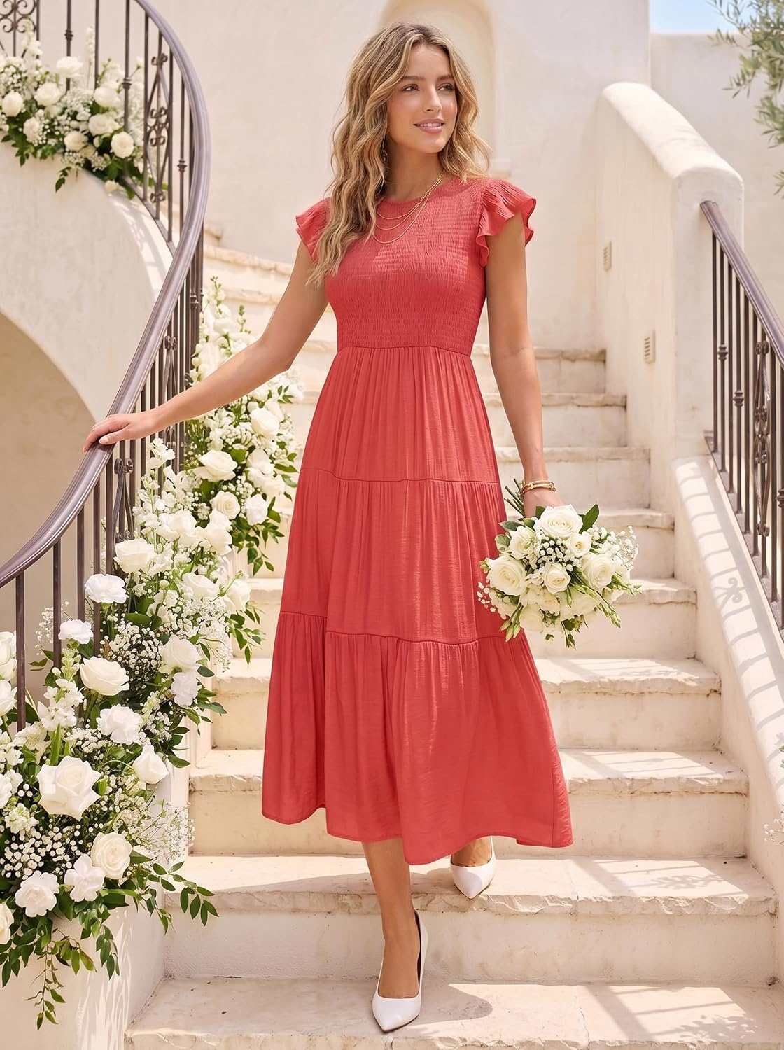 image:imageZESICA Womens 2026 Summer Casual Flutter Short Sleeve Smocked Midi Dress Crew Neck Elastic Waist Tiered Boho Flowy Dresses Soft Lightweight Fabric Beach Brunch Date PartyWatermelonred