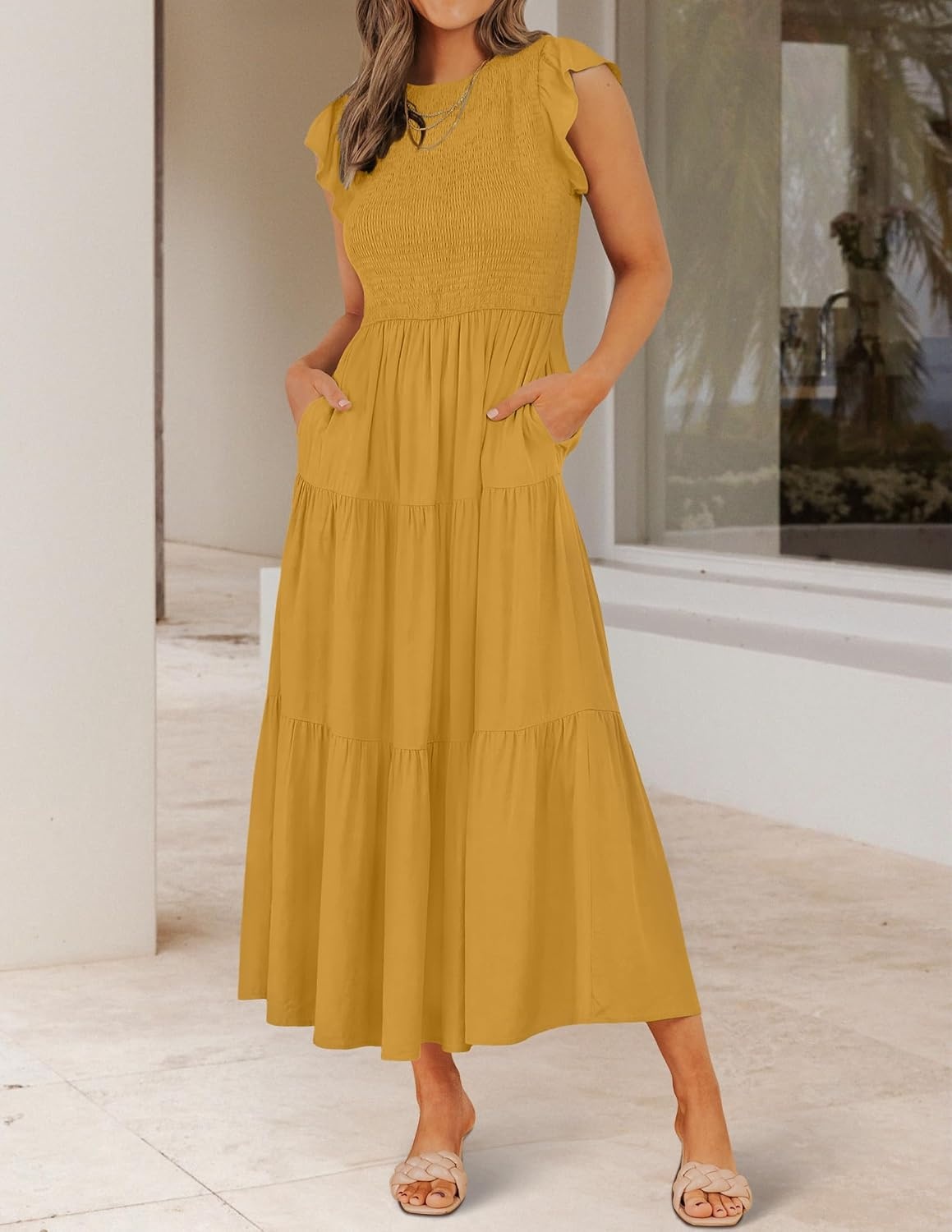 image:imageZESICA Womens 2026 Summer Casual Flutter Short Sleeve Smocked Midi Dress Crew Neck Elastic Waist Tiered Boho Flowy Dresses Soft Lightweight Fabric Beach Brunch Date PartyGinger