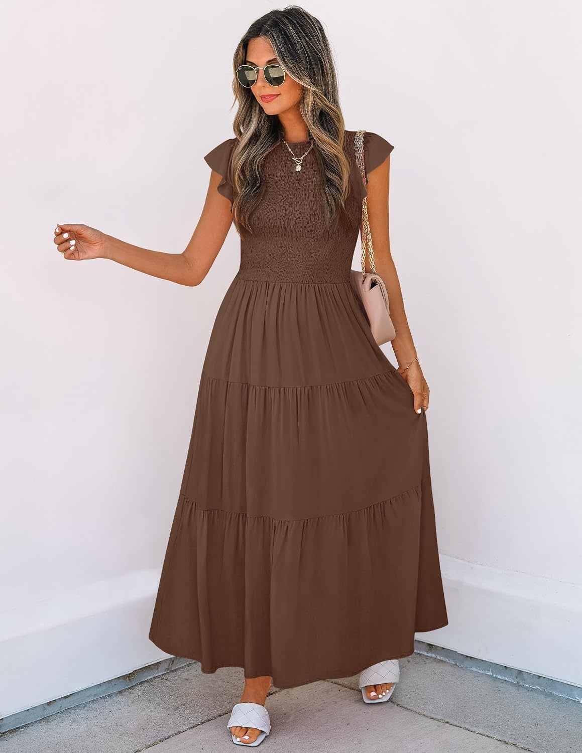 image:imageZESICA Womens 2026 Summer Casual Flutter Short Sleeve Smocked Midi Dress Crew Neck Elastic Waist Tiered Boho Flowy Dresses Soft Lightweight Fabric Beach Brunch Date PartyCoffee