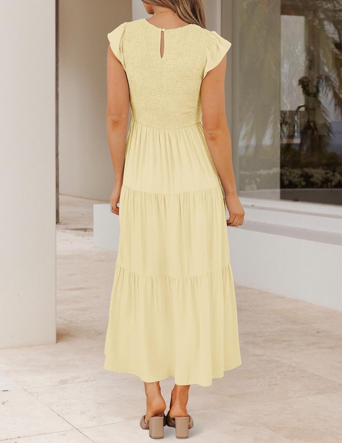 image:imageZESICA Womens 2026 Summer Casual Flutter Short Sleeve Smocked Midi Dress Crew Neck Elastic Waist Tiered Boho Flowy Dresses Soft Lightweight Fabric Beach Brunch Date PartyLight Yellow