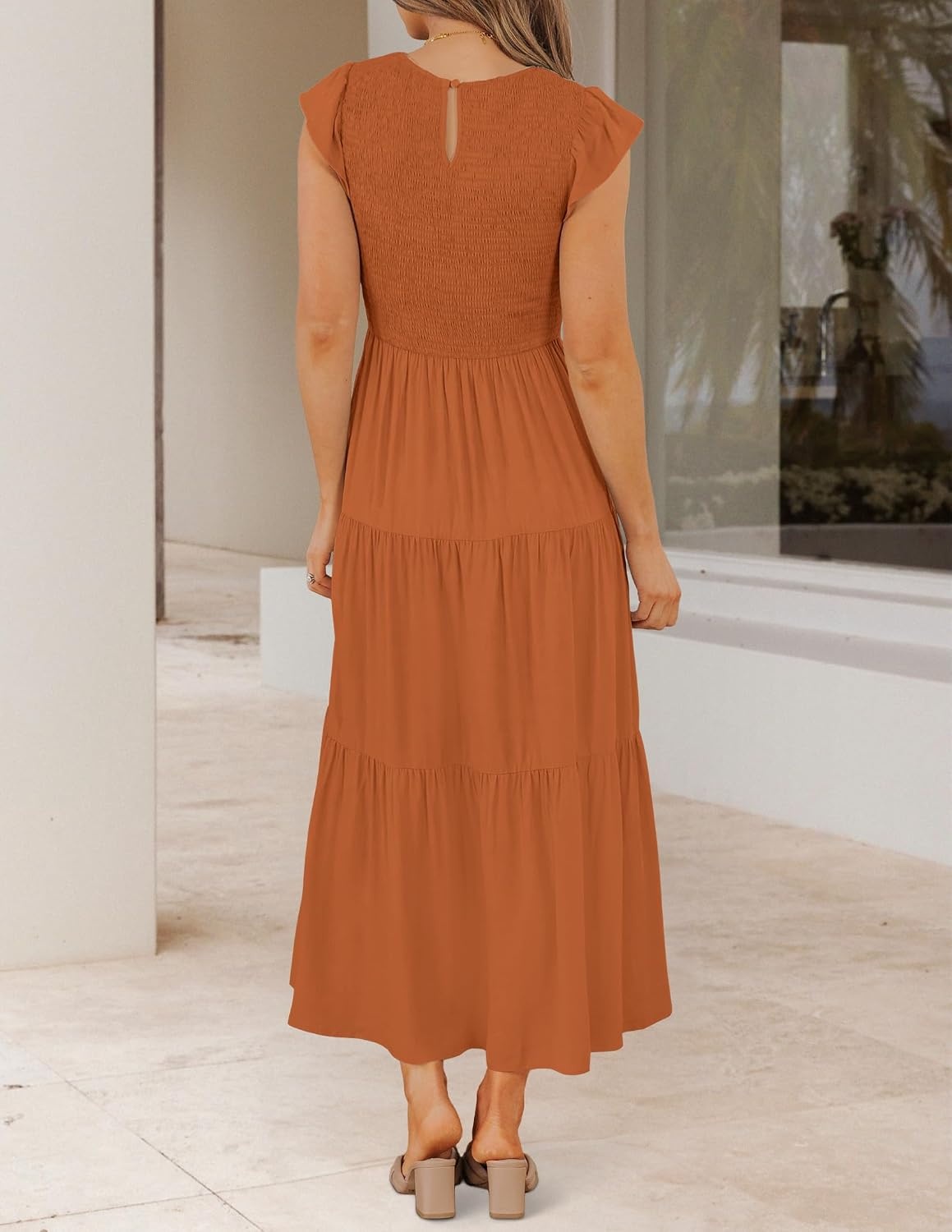 image:imageZESICA Womens 2026 Summer Casual Flutter Short Sleeve Smocked Midi Dress Crew Neck Elastic Waist Tiered Boho Flowy Dresses Soft Lightweight Fabric Beach Brunch Date PartyOrange