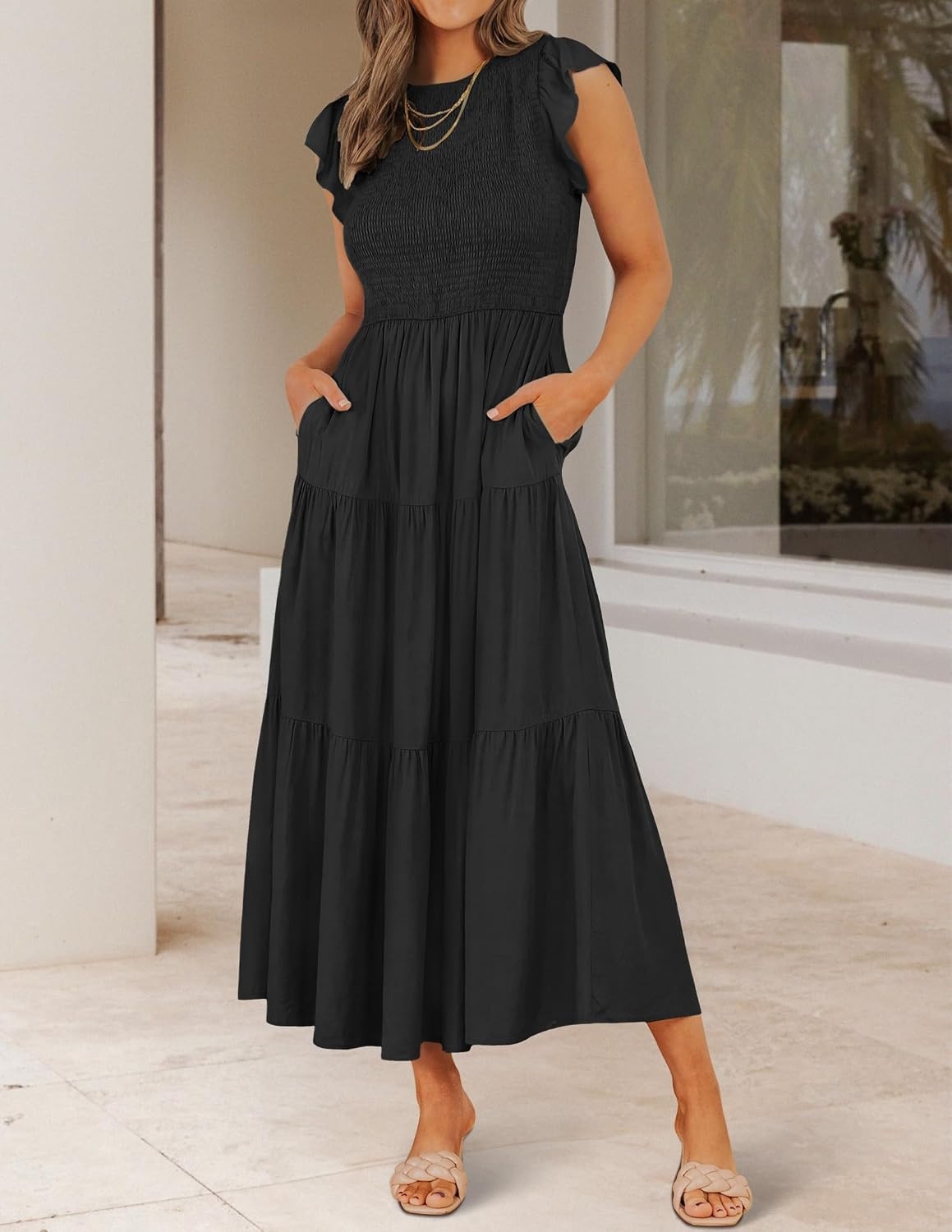 image:imageZESICA Womens 2026 Summer Casual Flutter Short Sleeve Smocked Midi Dress Crew Neck Elastic Waist Tiered Boho Flowy Dresses Soft Lightweight Fabric Beach Brunch Date PartyBlack