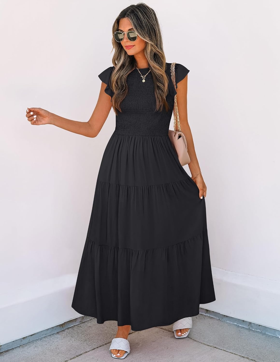 image:imageZESICA Womens 2026 Summer Casual Flutter Short Sleeve Smocked Midi Dress Crew Neck Elastic Waist Tiered Boho Flowy Dresses Soft Lightweight Fabric Beach Brunch Date PartyBlack