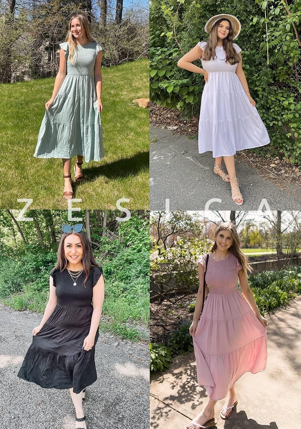 image:imageZESICA Womens 2026 Summer Casual Flutter Short Sleeve Smocked Midi Dress Crew Neck Elastic Waist Tiered Boho Flowy Dresses Soft Lightweight Fabric Beach Brunch Date PartySage