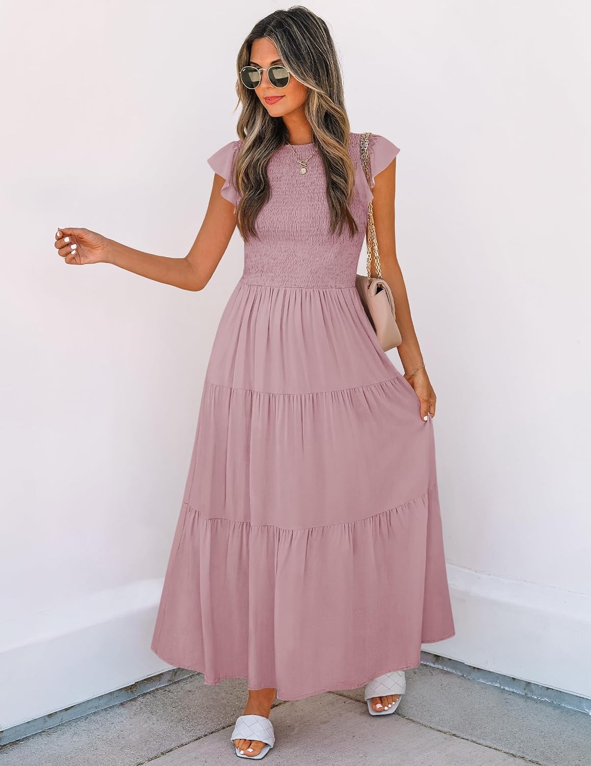 image:imageZESICA Womens 2026 Summer Casual Flutter Short Sleeve Smocked Midi Dress Crew Neck Elastic Waist Tiered Boho Flowy Dresses Soft Lightweight Fabric Beach Brunch Date PartyDark Pink