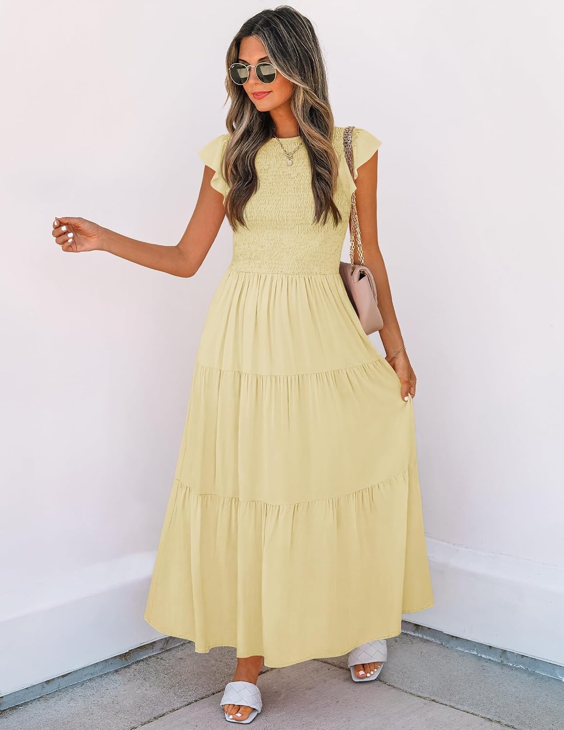 image:imageZESICA Womens 2026 Summer Casual Flutter Short Sleeve Smocked Midi Dress Crew Neck Elastic Waist Tiered Boho Flowy Dresses Soft Lightweight Fabric Beach Brunch Date PartyLight Yellow