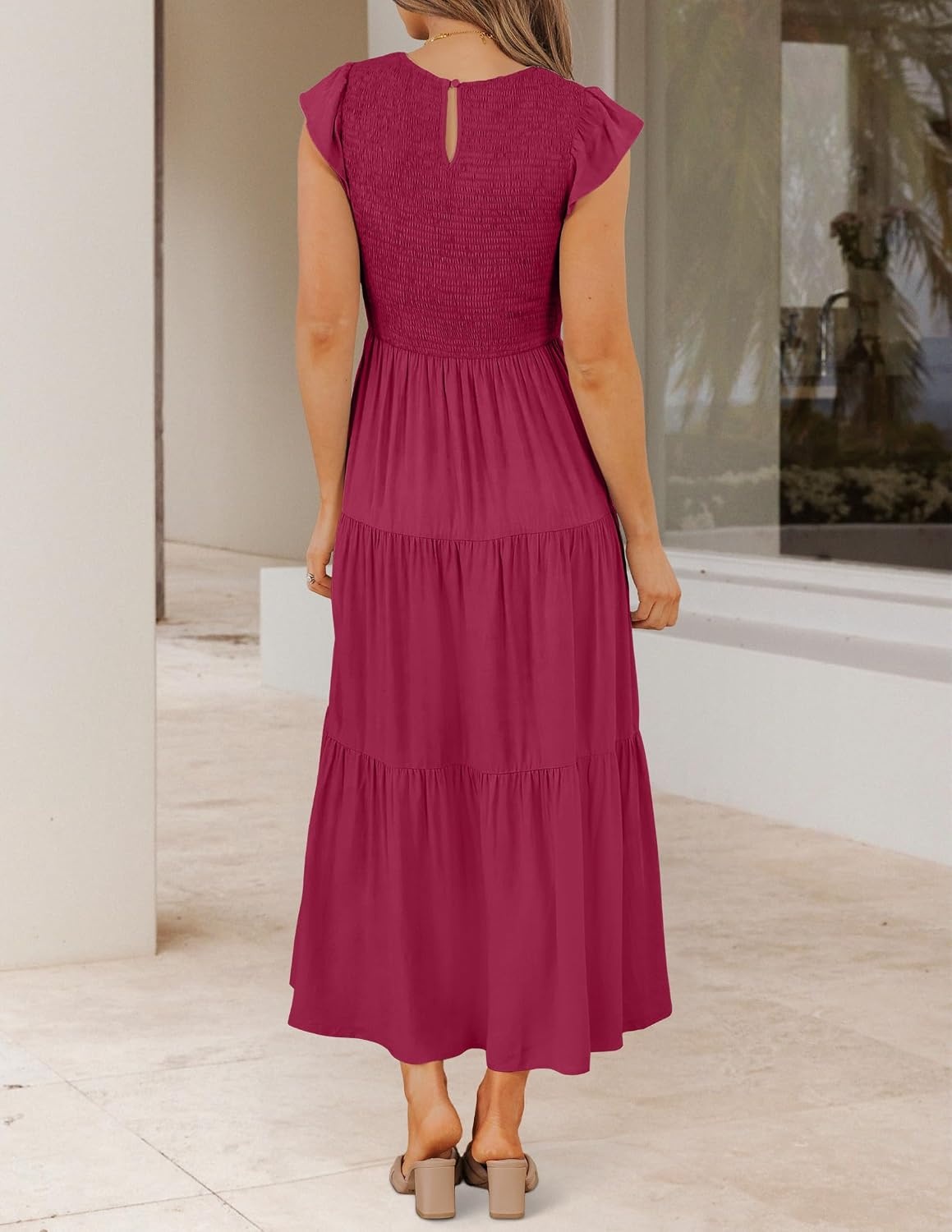 image:imageZESICA Womens 2026 Summer Casual Flutter Short Sleeve Smocked Midi Dress Crew Neck Elastic Waist Tiered Boho Flowy Dresses Soft Lightweight Fabric Beach Brunch Date PartyPlum