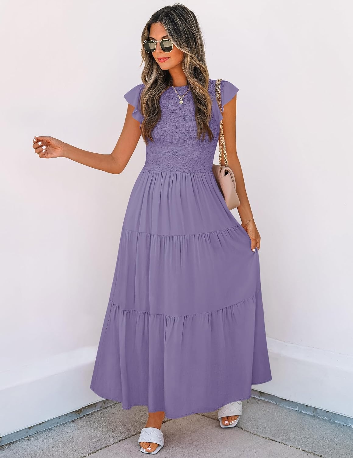image:imageZESICA Womens 2026 Summer Casual Flutter Short Sleeve Smocked Midi Dress Crew Neck Elastic Waist Tiered Boho Flowy Dresses Soft Lightweight Fabric Beach Brunch Date PartyViolet