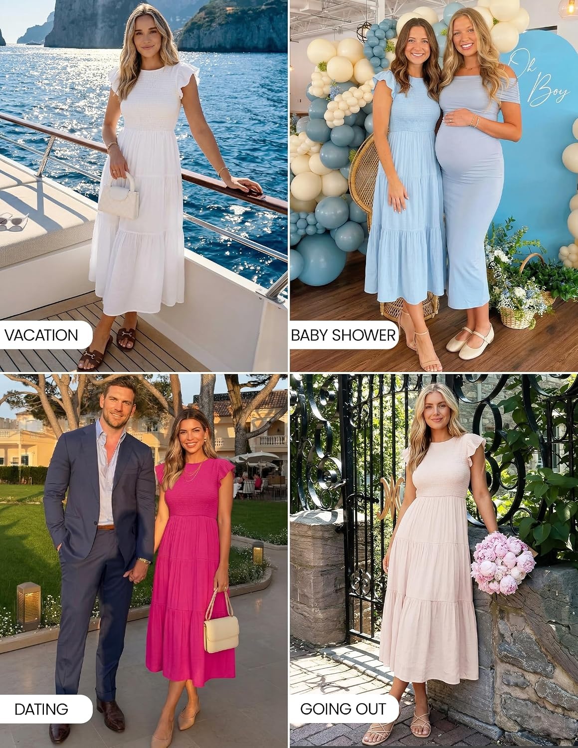image:imageZESICA Womens 2026 Summer Casual Flutter Short Sleeve Smocked Midi Dress Crew Neck Elastic Waist Tiered Boho Flowy Dresses Soft Lightweight Fabric Beach Brunch Date PartyWhite